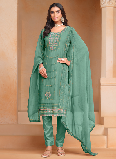 Chiffon Organza Sea Green Festive Wear Sequins Multi Embroidered Pant Salwar Suit