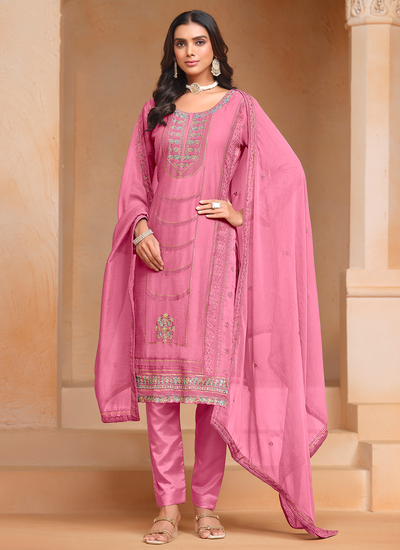 Pink Festive Wear Chiffon Organza Sequins Multi Embroidered Pant Salwar Suit