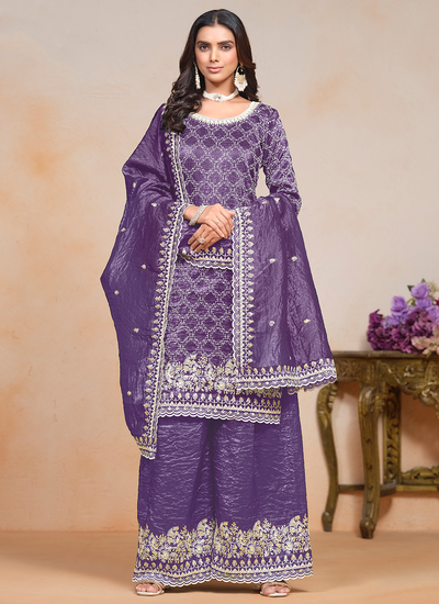 Pretty Purple Sangeet Wear Crush Silk Sequins Embroidered Palazzo Suit