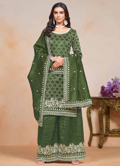 Latest Mehendi Green Crush Silk Sequins Embroidered Palazzo Suit