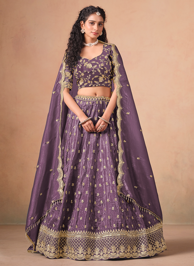 Purple Organza Sequins Zari Embroidery Sangeet Wear Lehenga Choli