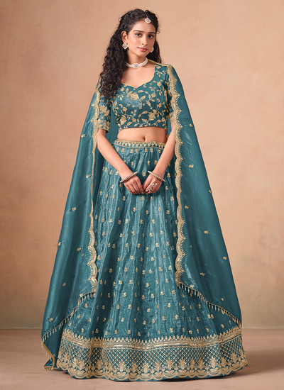 Organza Peacock Blue Sequins Zari Embroidery Festive Wear Lehenga Choli