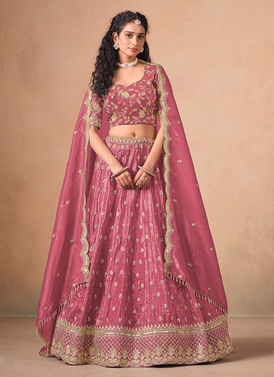 Engagement Wear Pink Organza Sequins Zari Embroidery Lehenga Choli