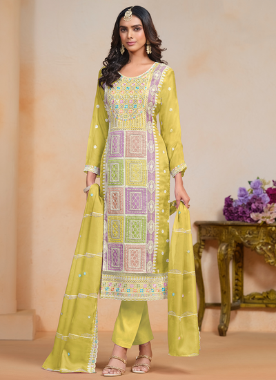 Yellow Haldi Wear Soft Organza Sequins Multi Embroidered Pant Salwar Suit