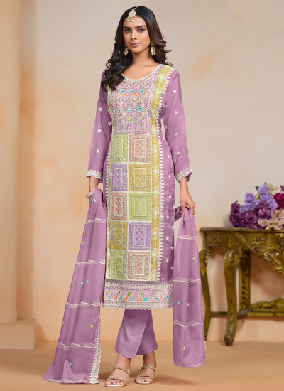 Festive Wear Lilac Soft Organza Sequins Multi Embroidered Pant Salwar Suit