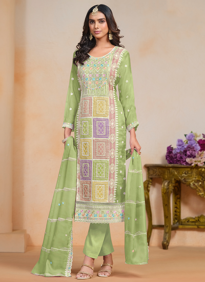 Soft Organza Pastel Green Festive Wear Sequins Multi Embroidered Pant Salwar Suit