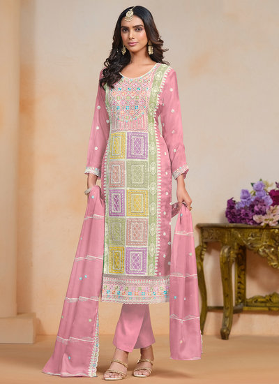 Baby Pink Soft Organza Festive Wear Sequins Multi Embroidered Pant Salwar Suit