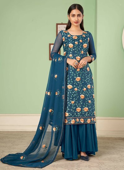 Navy Blue Sequins Embroidered Georgette Festive Wear Sharara Suit