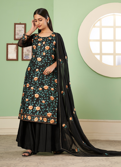 Sequins Embroidered Georgette Sangeet Wear Sharara Suit In Black