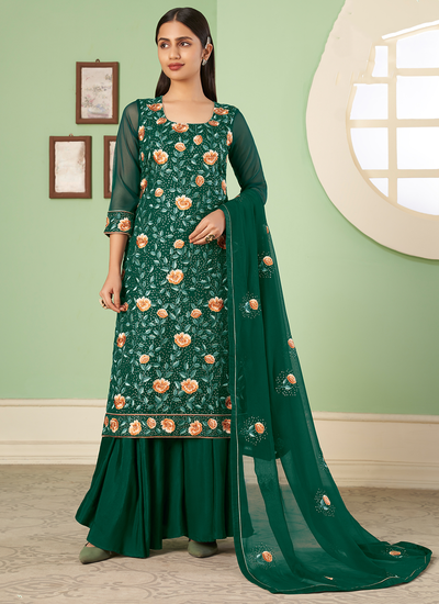 Georgette Green Sequins Embroidered Festive Wear Sharara Suit