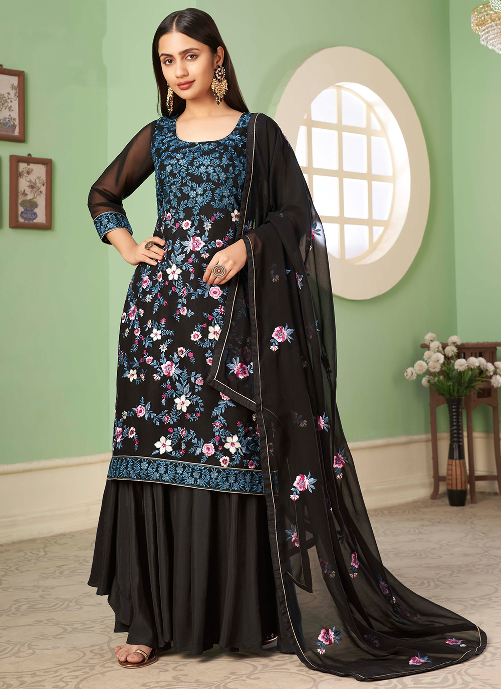 Designer Black Thread Embroidered Georgette Party Wear Palazzo Suit Siya Fashion