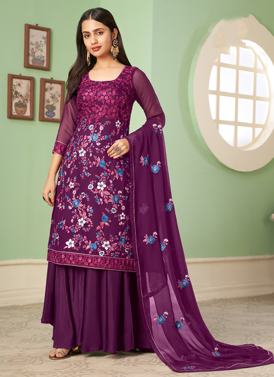 Purple Georgette Lovely Palazzo Suit With Embroidered Work