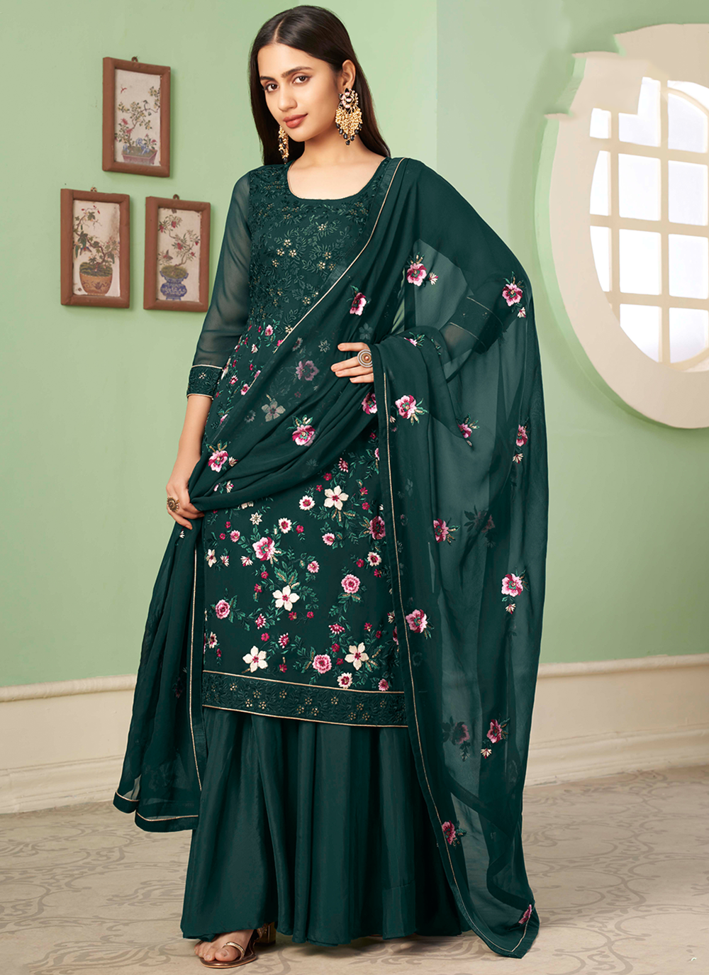 Dark green palazzo suit discount