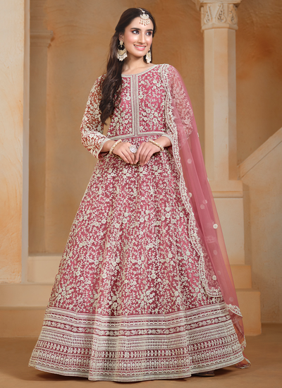 Pink Net Festive Wear Embroidered Anarkali Salwar Suit