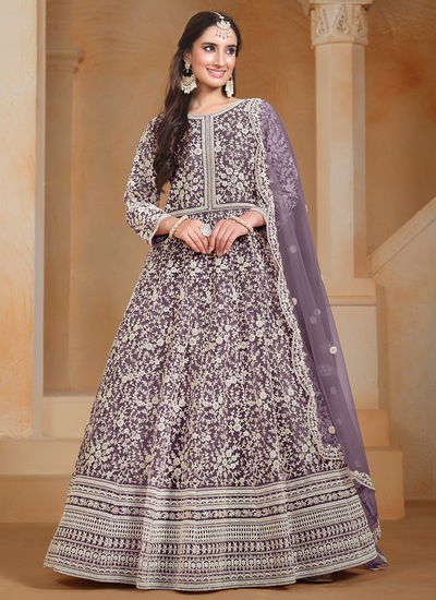 Net Sangeet Wear Embroidered Anarkali Salwar Suit In Purple