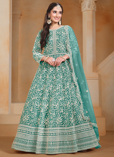 Turquoise Embroidered Net Festive Wear Anarkali Salwar Suit