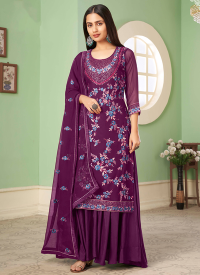 Georgette Purple Sequins Embroidered Palazzo Suit