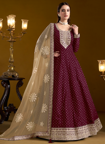 Wine Chanderi Silk Festive Wear Embroidered Anarkali Suit