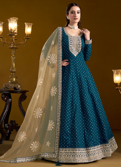 Festive Wear Peacock Blue Chanderi Silk Embroidered Anarkali Suit