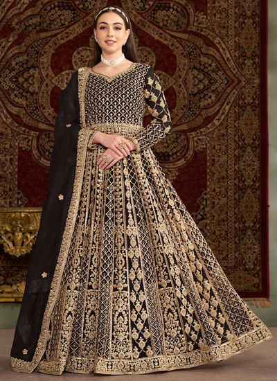 Black Sangeet Wear Net Sequins Cording Embroidered Anarkali Suit