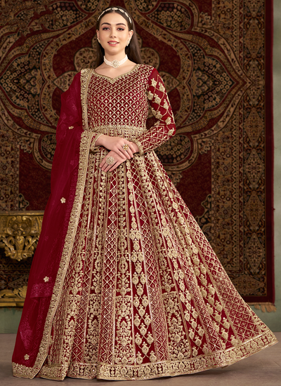 Net Red Sequins Cording Embroidered Sangeet Wear Anarkali Suit