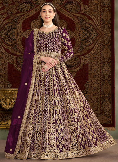 Sangeet Wear Net Sequins Cording Embroidered Purple Anarkali Suit