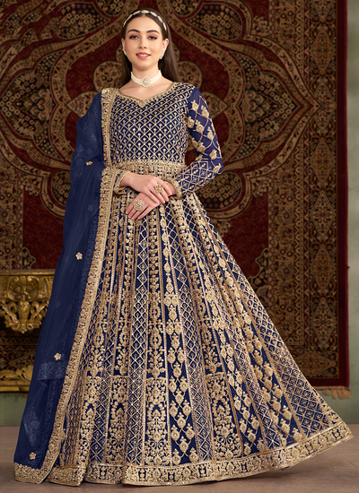 Sangeet Wear Dark Blue Net Sequins Cording Embroidered Anarkali Suit