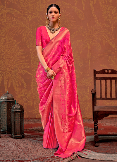 Fancy Hot Pink Handloom Weaving Silk Wedding Wear Saree