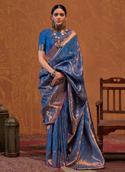 Wedding Wear Blue Handloom Weaving Silk Saree