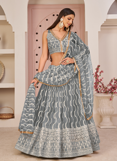 Butterfly Net Gray Sequins Thread Embroidered Lehenga Choli