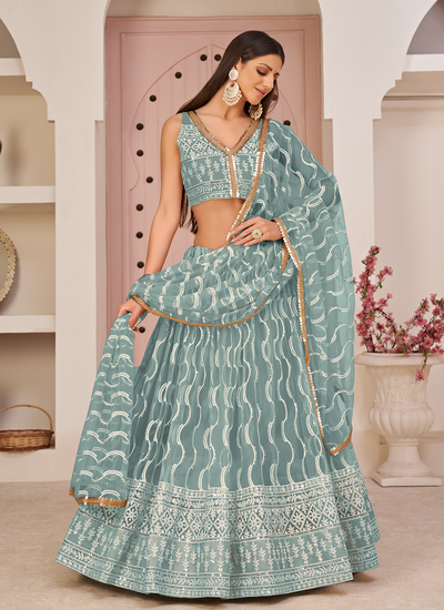 Butterfly Net Ocean Blue Sequins Thread Embroidered Lehenga Choli