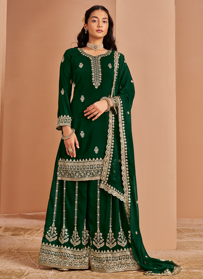 Faux Georgette Pakistani Sequins Golden Zari Embroidered Dark Green Palazzo Salwar Suit