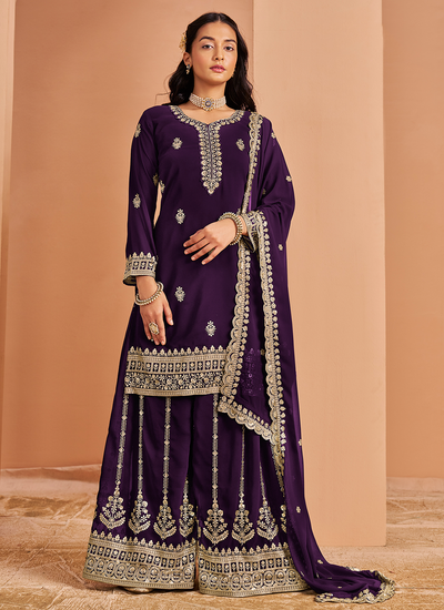 Grape Purple Pakistani Faux Georgette Sequins Golden Zari Embroidered Palazzo Salwar Suit