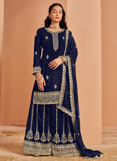 Pakistani Sequins Golden Zari Embroidered Faux Georgette Dark Blue Palazzo Salwar Suit