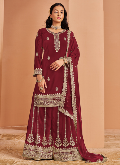 Maroon Faux Georgette Sequins Golden Zari Embroidered Pakistani Palazzo Salwar Suit