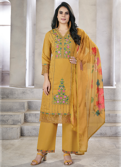 Yellow Viscose Silk Resham Embroidered Pearl Hand Work Chikankari Pakistani Suit