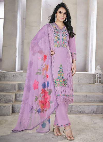 Viscose Silk Lavender Resham Embroidered Pearl Hand Work Chikankari Pakistani Suit