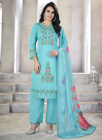 Viscose Silk Resham Embroidered Pearl Hand Work Chikankari Pakistani Suit In Sky Blue