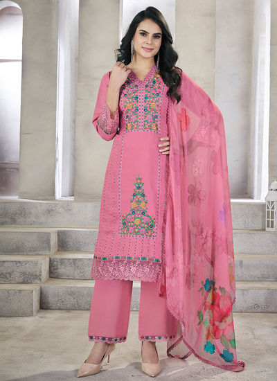 Viscose Silk Resham Embroidered Pearl Hand Work Chikankari Pink Pakistani Suit