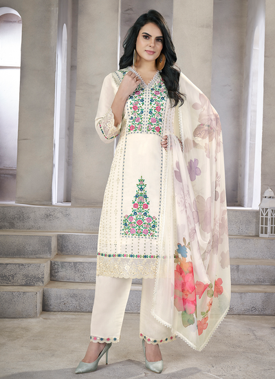 Viscose Silk Resham Embroidered Pearl Hand Work White Chikankari Pakistani Suit