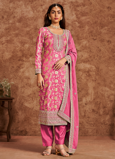 Pink Dola Silk Jacquard Sequins Embroidered Pakistani Pant Style Salwar Suit