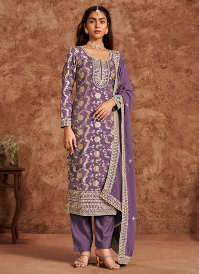 Dola Silk Jacquard Purple Sequins Embroidered Pakistani Pant Style Salwar Suit