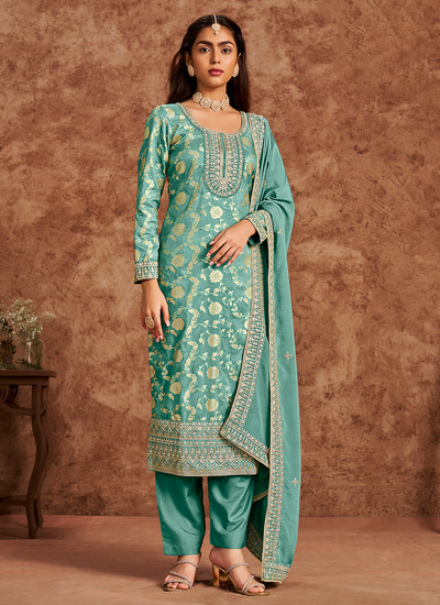 Sea Green Sequins Embroidered Pakistani Dola Silk Jacquard Pant Style Salwar Suit