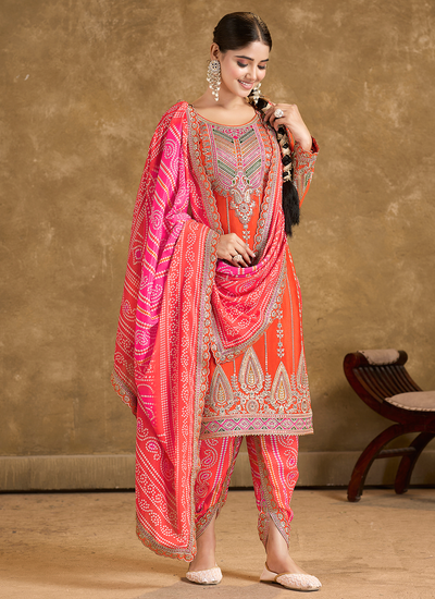 Readymade Chinon Orange And Pink Multi Embroidered Sequins Dhoti Style Suit