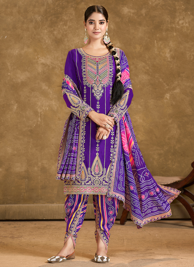 Chinon Violet Readymade Multi Embroidered Sequins Dhoti Style Suit