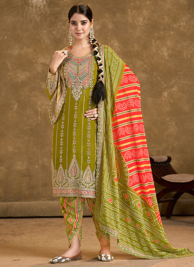 Olive Green Readymade Chinon Multi Embroidered Sequins Dhoti Style Suit