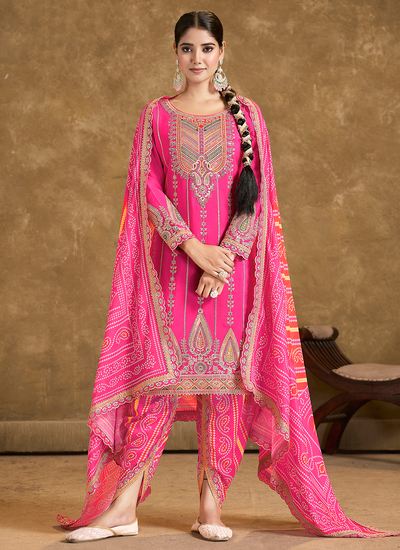 Sequins Multi Embroidered Hot Pink Readymade Chinon Dhoti Style Suit