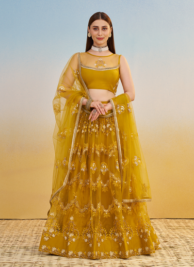 Party Wear Mustard Sequins Thread Embroidery Butterfly Net Lehenga Choli