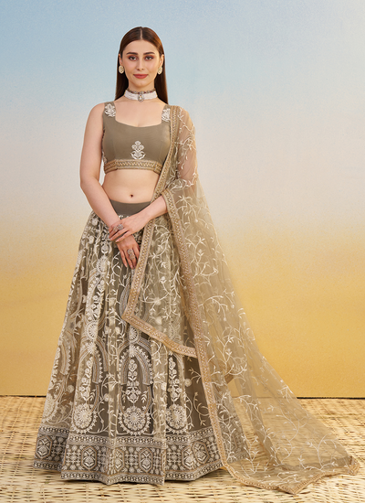Butterfly Net Wedding Wear Sequins Thread Embroidery Dark Beige Lehenga Choli