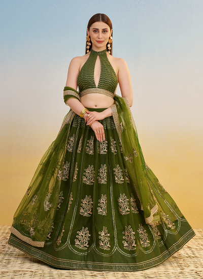 Mehendi Green Butterfly Net Mehendi Wear Sequins Thread Embroidery Lehenga Choli